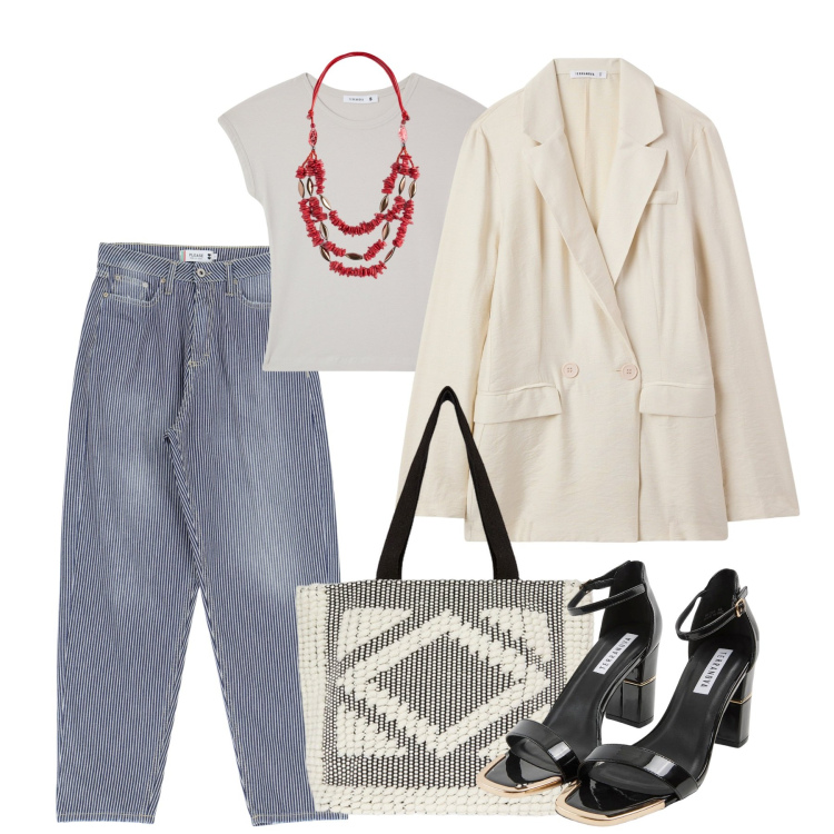 Outfit donna - Back to style: il rientro con stile. Stile Casual chic per Ufficio. Abbinamento con t-shirt, blazer, sabot, jeans mom, collane, shopping bag.