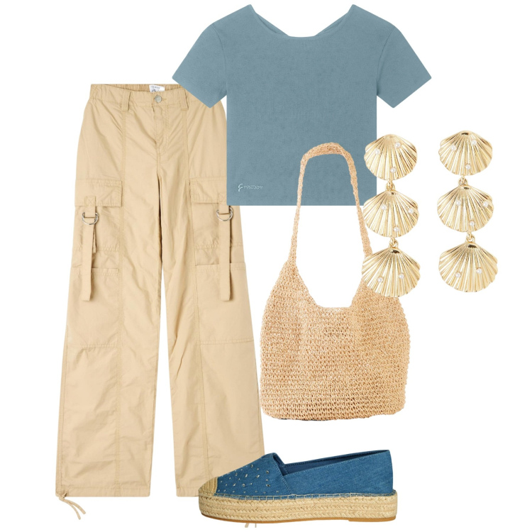 Outfit donna - Mai senza orecchini - @danipoetessa73. Stile Casual per Tutti i giorni. Abbinamento con shopping bag, pantaloni cargo, orecchini, espadrillas, t-shirt.