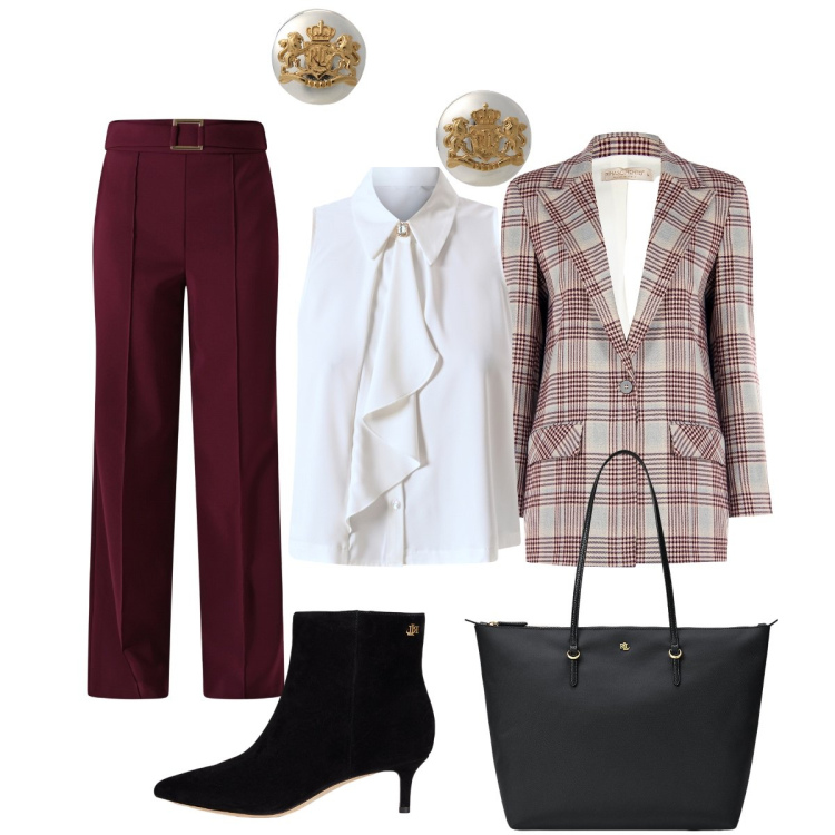 Outfit donna - In città. Stile Chic per Tutti i giorni. Abbinamento con pantaloni, blazer, camicie, borse tote, orecchini, stivaletti.