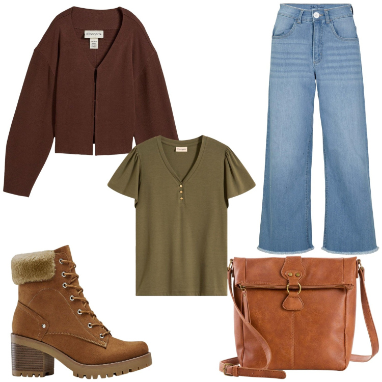 Outfit donna - Comfort in ufficio. Stile Casual per Ufficio. Abbinamento con t-shirt, borse a tracolla, jeans, cardigans, stivaletti.