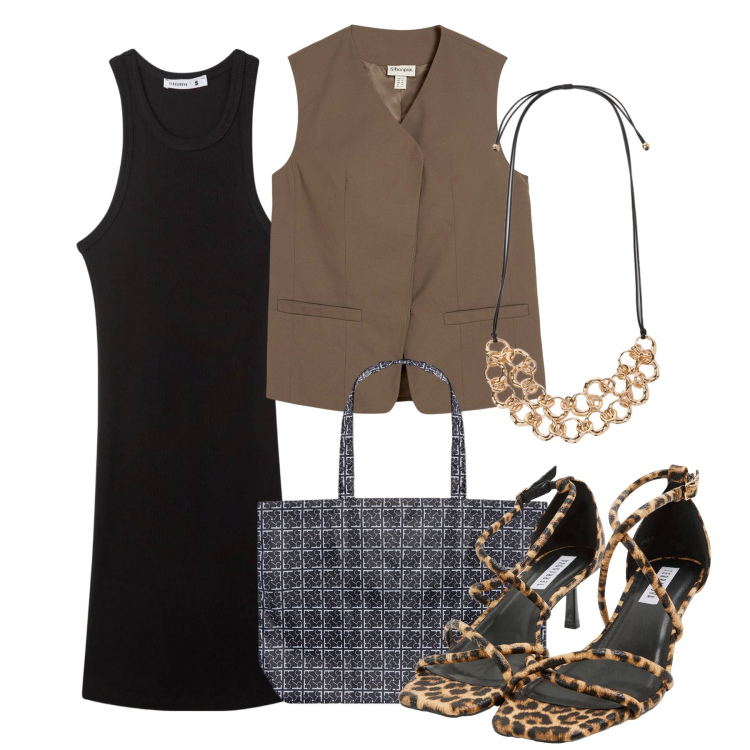Outfit donna - Gilet lungo su abiti corti. Stile Chic per Tutti i giorni. Abbinamento con gilet, sandali col tacco, vestiti corti, shopping bag, collane.