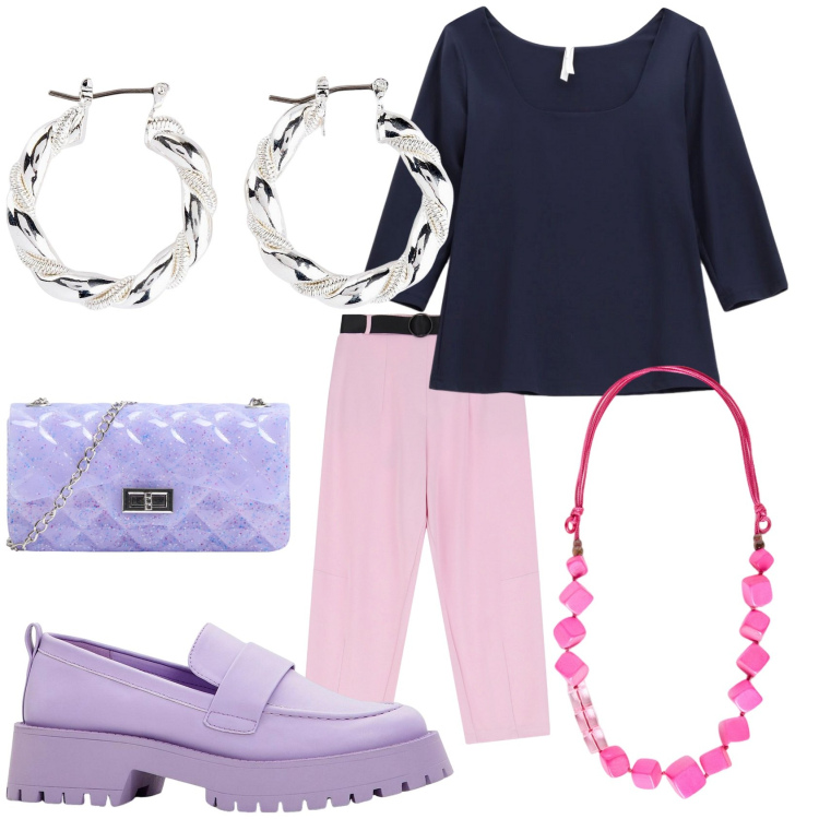 Outfit donna - Mocassino lilla. Stile Casual chic per Tutti i giorni. Abbinamento con orecchini, mocassini, borse a tracolla, pullovers, pantaloni, collane.