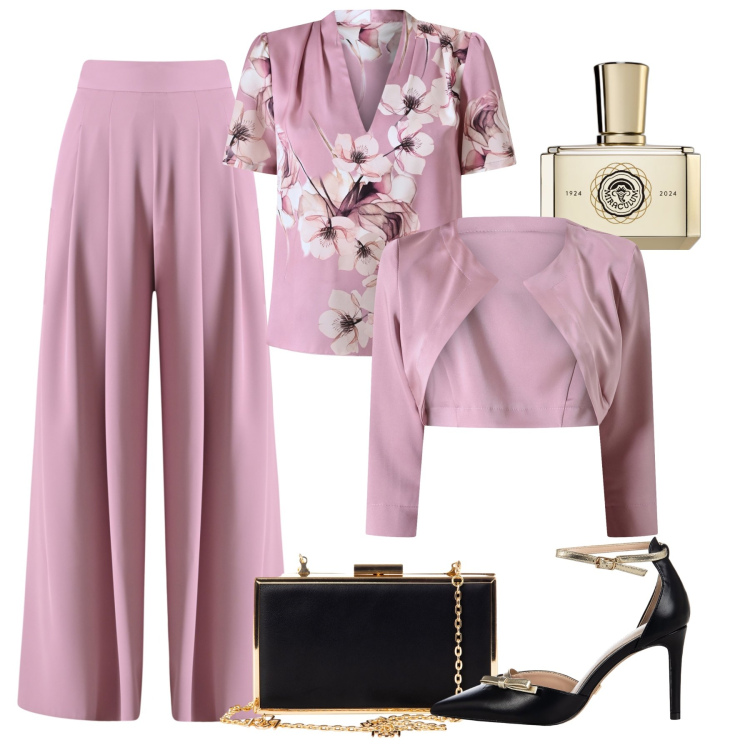 Outfit donna - Cerimonia rosa malva. Stile Chic per Cerimonia. Abbinamento con profumi, bluse, pantaloni a palazzo, bolero, décolleté, pochette.