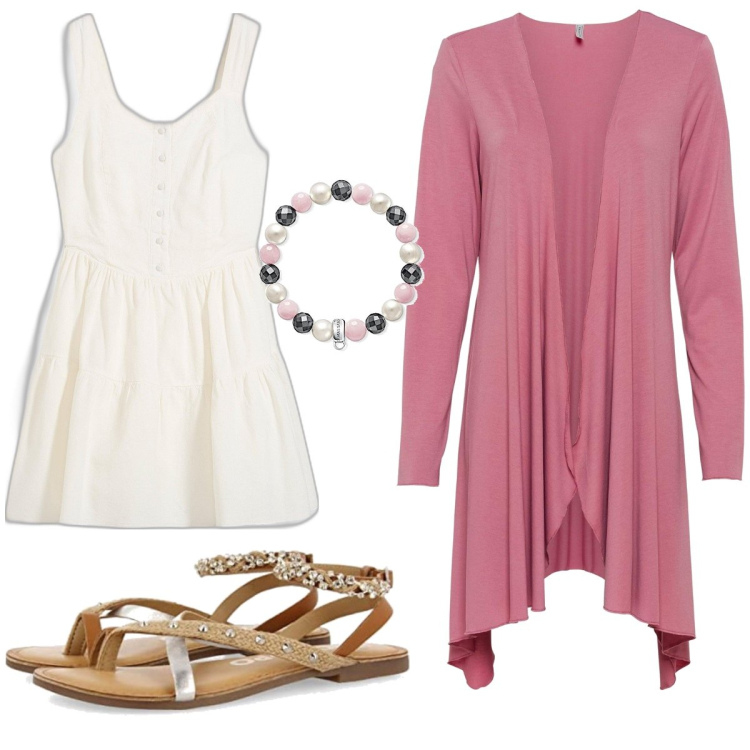 Outfit femme - Rose et blanc. Style Romantique pour Tous les jours. Assortir avec gilets sans manche, robes courtes, sandales bijou, bracelets avec cabochons.