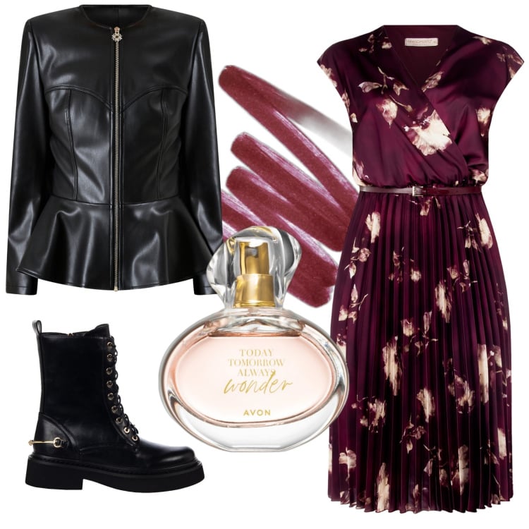 Outfit donna - Total look #2236809. Stile Glamour per Serata fuori. Abbinamento con profumi, rossetti, vestiti midi/longuette, giacche, anfibi.