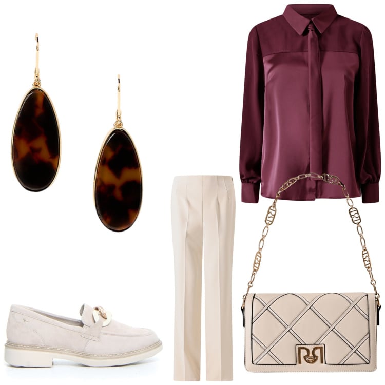 Outfit donna - Mannish girl. Stile Mannish per Ufficio. Abbinamento con camicie, pantaloni a palazzo, borse a tracolla, orecchini, mocassini.