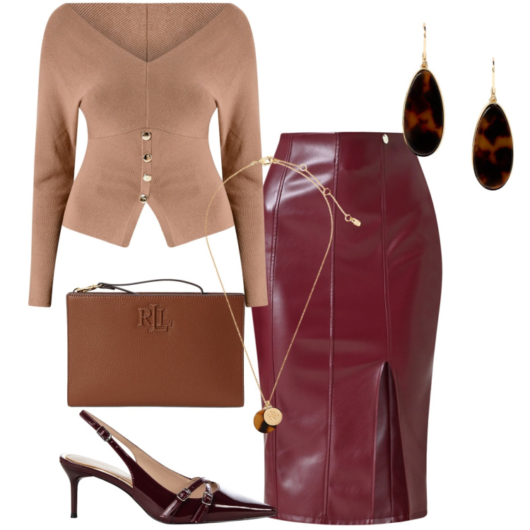 Outfit donna - Rinascimento-FW26. Stile Vintage retrò per Ufficio. Abbinamento con maglieria, gonne longuette, décolleté, collane, pochette, orecchini.