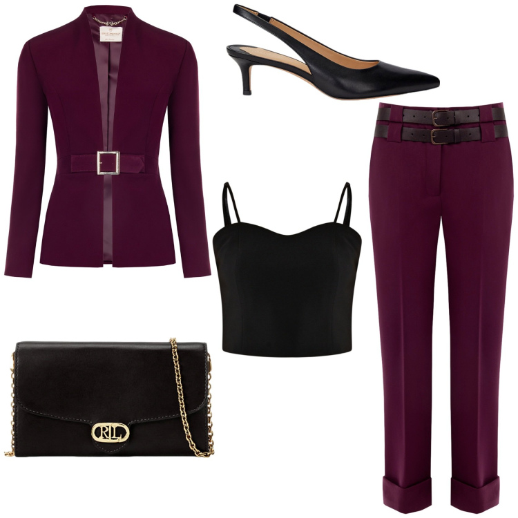 Outfit donna - Occasione importante. Stile Glamour per Cerimonia. Abbinamento con blazer, pantaloni, top, borse a tracolla, décolleté.