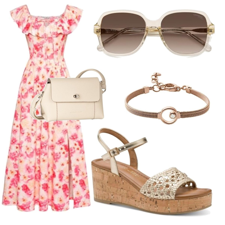 Outfit femme - Rose et fleurie. Style Romantique pour Tous les jours. Assortir avec chaussures à semelle compensée, robes longues, sacs en bandoulière, lunettes de soleil, bracelets.