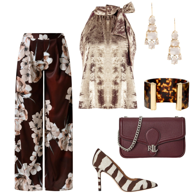 Outfit donna - Rinascimento FW26. Stile Glamour per Serata fuori. Abbinamento con top, pantaloni a palazzo, décolleté, braccialetti, clutch, orecchini.
