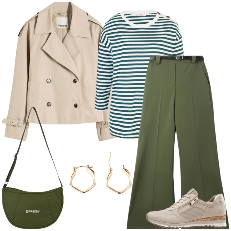 Outfit donna - Dinamica. Stile Casual per Tutti i giorni. Abbinamento con sneakers, trench, maglieria, orecchini, pantaloni, borse a spalla.