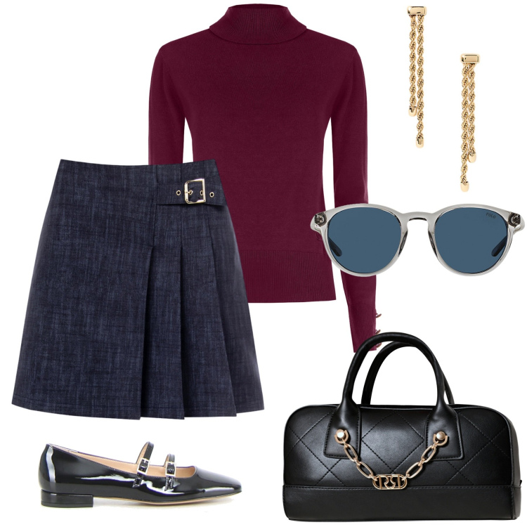 Outfit donna - Rinascimento-Nuova collezione. Stile Preppy per Ufficio. Abbinamento con minigonne, maglieria, borse a mano, occhiali da sole, orecchini, ballerine.