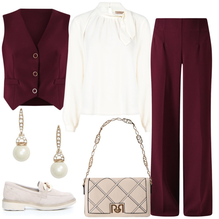 Outfit donna - Total look #2236824. Stile Chic per Ufficio. Abbinamento con pantaloni a palazzo, gilet, bluse, borse a tracolla, orecchini, mocassini.