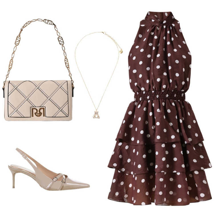 Outfit donna - Classico. Stile Chic per Ufficio. Abbinamento con vestiti senza maniche, décolleté, borse a tracolla, ciondoli.