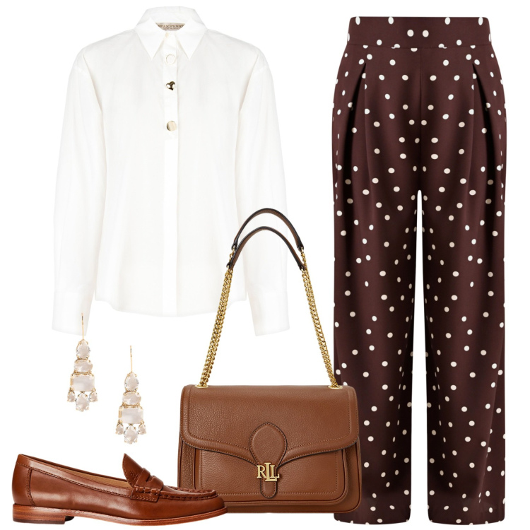 Outfit donna - Cioccolato. Stile Casual chic per Ufficio. Abbinamento con pantaloni a palazzo, camicie, mocassini, orecchini, borse a spalla.