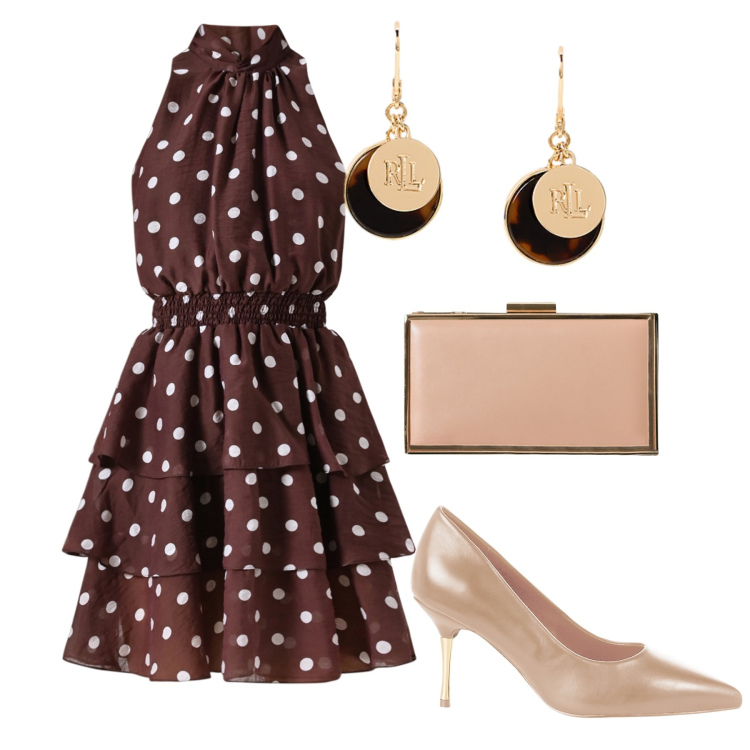 Outfit donna - Un outfit a pois. Stile Glamour per Serata fuori. Abbinamento con décolleté, vestiti senza maniche, pochette, orecchini.