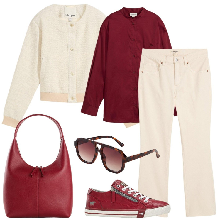 Outfit donna - Total look #2236833. Stile Casual per Tutti i giorni. Abbinamento con jeans a zampa, camicie, occhiali da sole, shopping bag, bomber, sneakers.