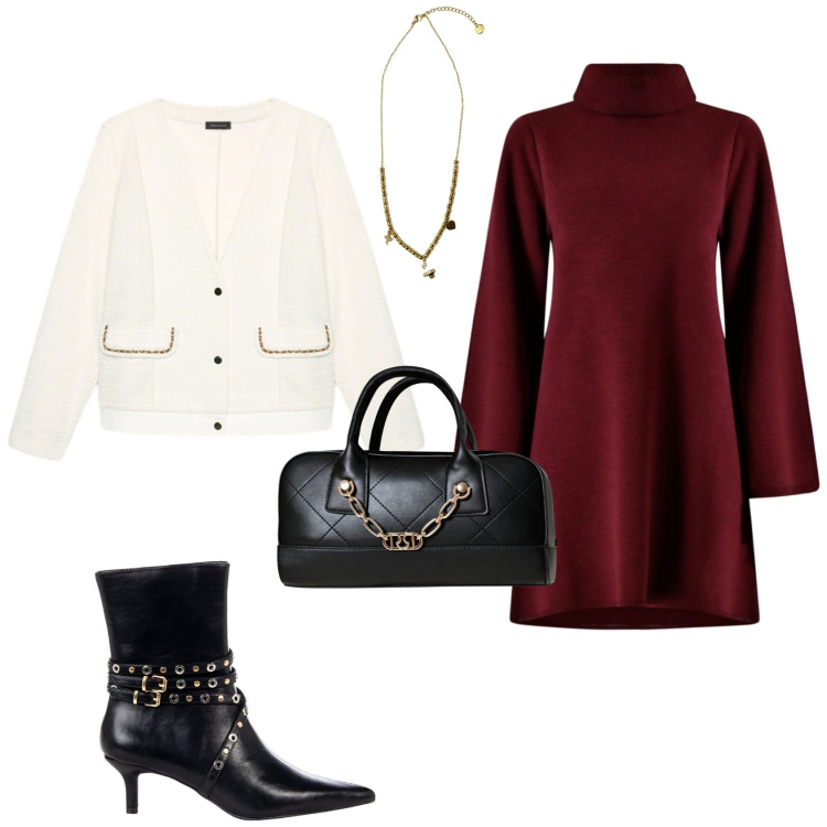 Outfit donna - Autunno. Stile Chic per Tutti i giorni. Abbinamento con vestiti corti, stivaletti, borse a mano, ciondoli, blazer.