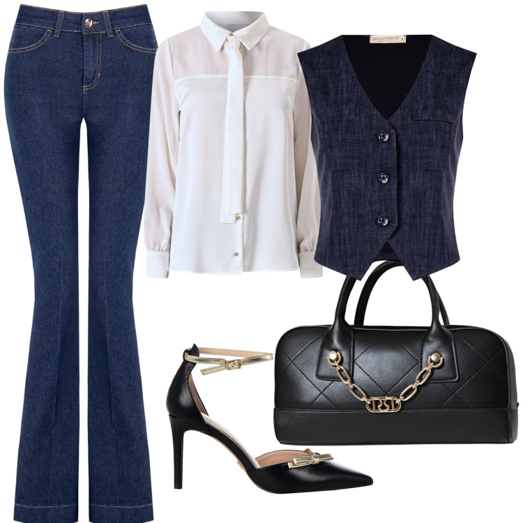 Outfit donna - Ritorno in ufficio con stile. Stile Glamour per Ufficio. Abbinamento con jeans a zampa, gilet, borse a mano, camicie, décolleté.