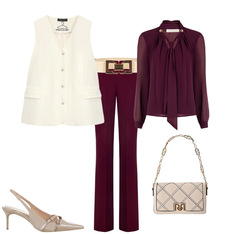 Outfit donna - Nuova stagione. Stile Chic per Tutti i giorni. Abbinamento con pantaloni, bluse, cinture, décolleté, borse a tracolla, gilet.