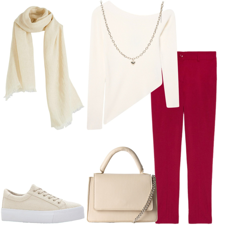 Outfit donna - Comoda al lavoro. Stile Casual per Tutti i giorni. Abbinamento con sneakers, sciarpe, maglieria, borse a tracolla, collane, pantaloni chino.
