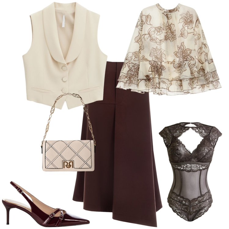 Outfit donna - Chic bianco e marrone. Stile Chic per Tutti i giorni. Abbinamento con body, gonne longuette, décolleté, borse a tracolla, camicie, gilet.