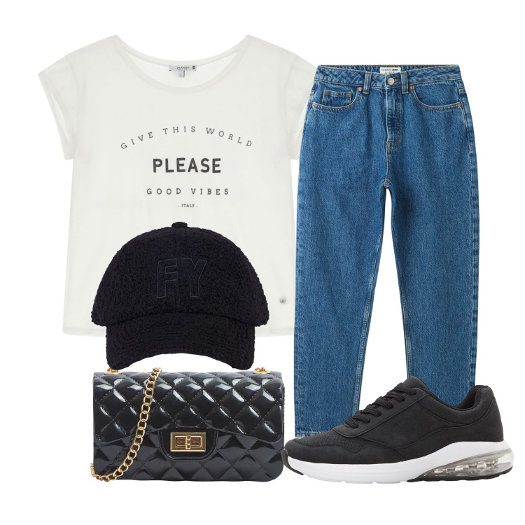 Outfit donna - Giovedì. Stile Basic per Tutti i giorni. Abbinamento con sneakers, borse a tracolla, jeans mom, t-shirt, cappelli.