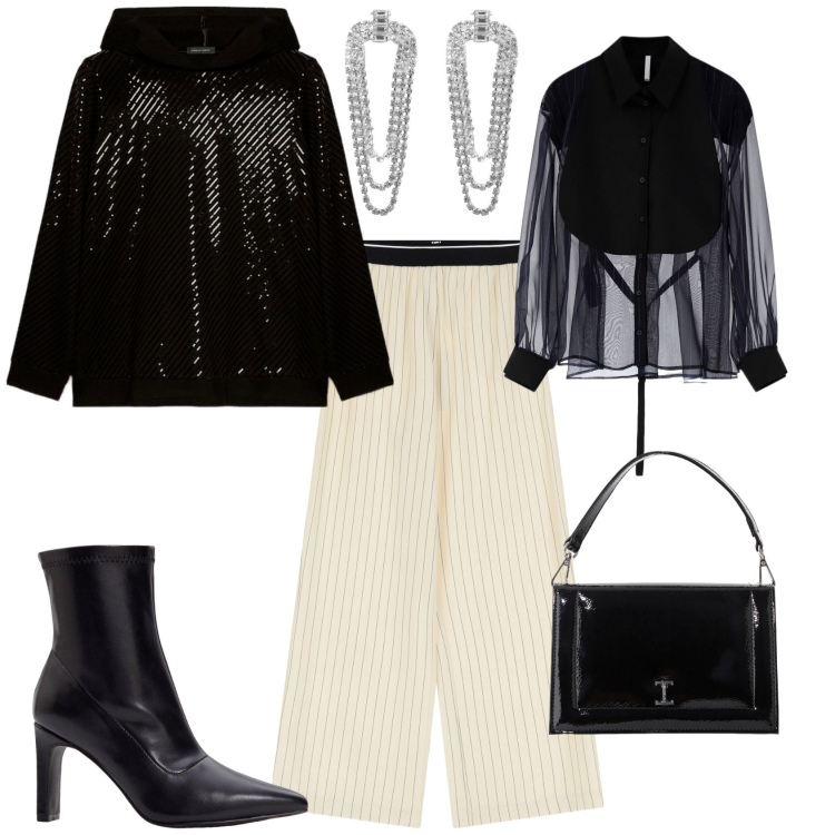 Outfit donna - Serata evento glamour. Stile Glamour per Serata fuori. Abbinamento con stivaletti, orecchini, pantaloni, borse a tracolla, camicie, felpe con cappuccio.