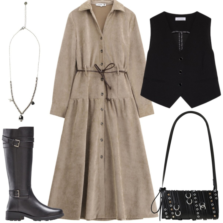 Outfit donna - Autunno. Stile Boho per Tutti i giorni. Abbinamento con stivali, borse a spalla, vestiti lunghi, ciondoli, gilet.