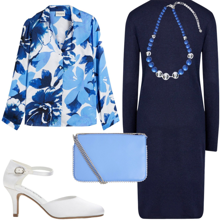 Outfit donna - Il tubino blù. Stile Bon Ton per Ufficio. Abbinamento con camicie, décolleté, borse a tracolla, vestiti midi/longuette, collane.