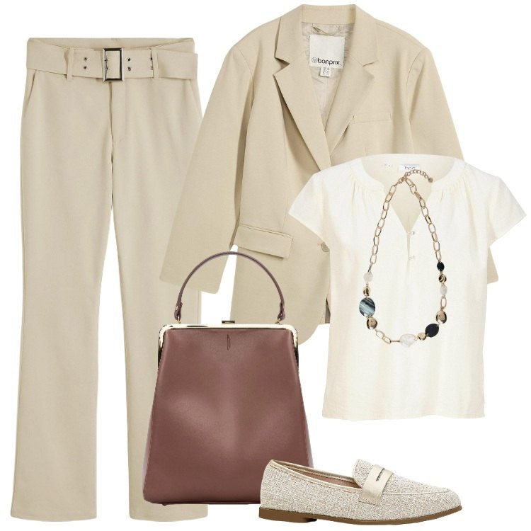 Outfit donna - Total look #2236859. Stile Casual chic per Ufficio. Abbinamento con blazer, mocassini, pantaloni, bluse, borse a spalla, collane.