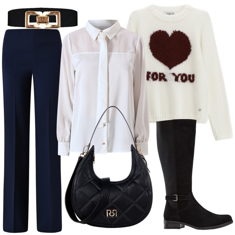 Outfit donna - Black & White. Stile Casual chic per Tutti i giorni. Abbinamento con stivali, pantaloni a palazzo, borse a tracolla, cinture, camicie, pullovers.