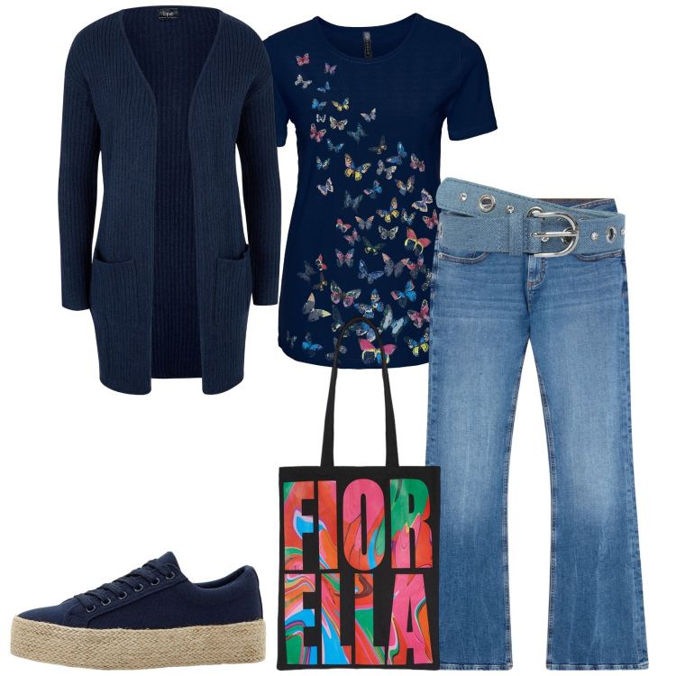 Outfit donna - Total look #2236863. Stile Casual per Tutti i giorni. Abbinamento con t-shirt, cardigans, sneakers, jeans a zampa, cinture, borse tote.