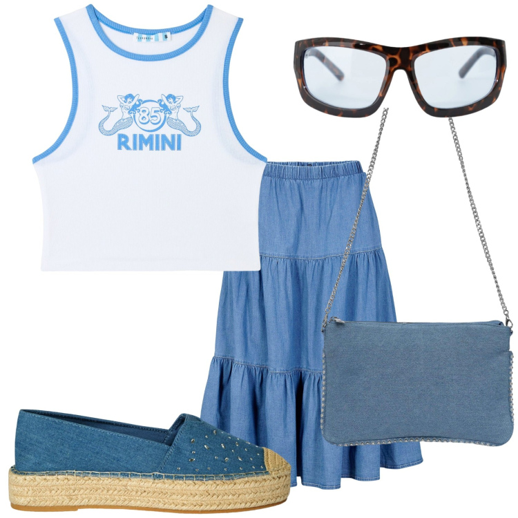 Outfit donna - In città. Stile Casual per Tutti i giorni. Abbinamento con gonne longuette, canottiere, borse a tracolla, espadrillas, occhiali da sole.