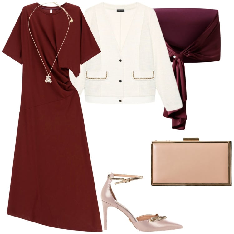 Outfit donna - Verso l\'autunno. Stile Casual chic per Cerimonia. Abbinamento con pochette, décolleté, scialli, vestiti lunghi, ciondoli, blazer.