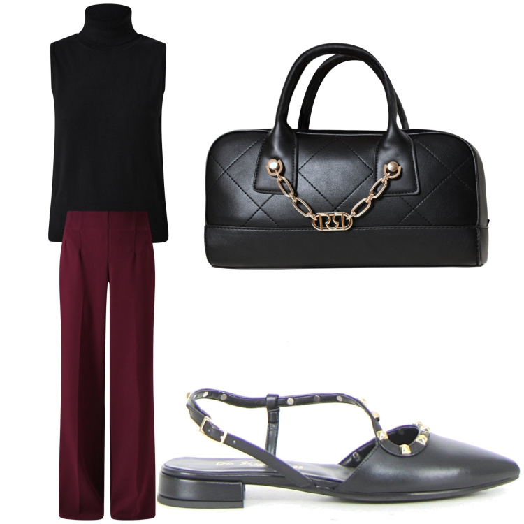 Outfit donna - Aperitivo. Stile Trendy per Tutti i giorni. Abbinamento con maglieria, pantaloni a palazzo, borse a mano, sandali in pelle.