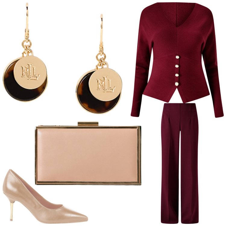 Outfit donna - Mrs.Bordeaux. Stile Chic per Serata fuori. Abbinamento con maglieria, pantaloni a palazzo, décolleté, pochette, orecchini.