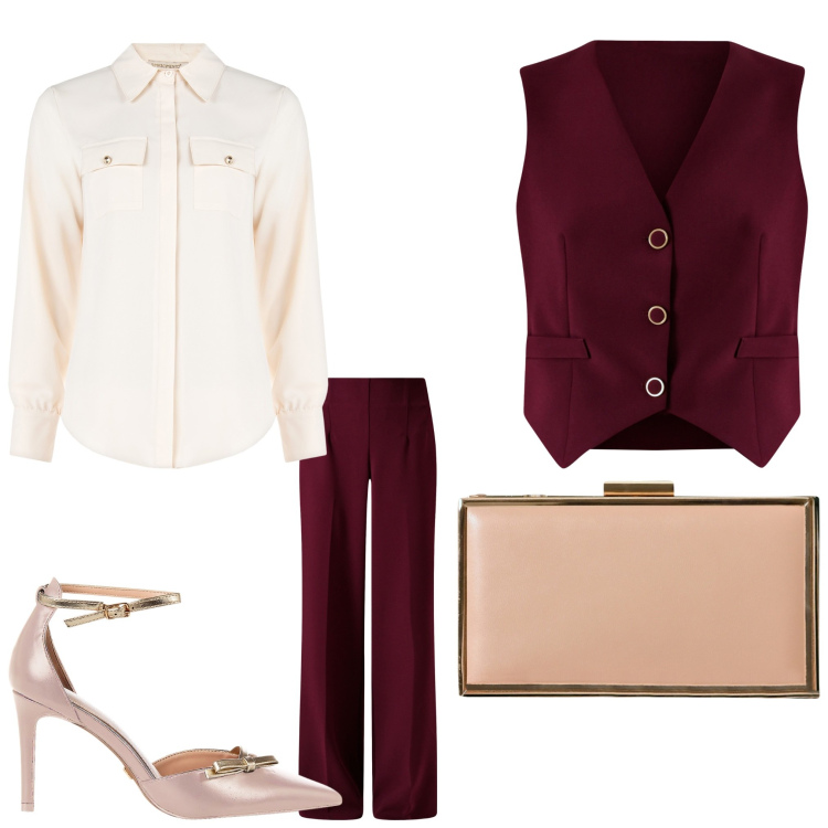Outfit donna - Gilet. Stile Chic per Serata fuori. Abbinamento con gilet, décolleté, pantaloni a palazzo, pochette, camicie.
