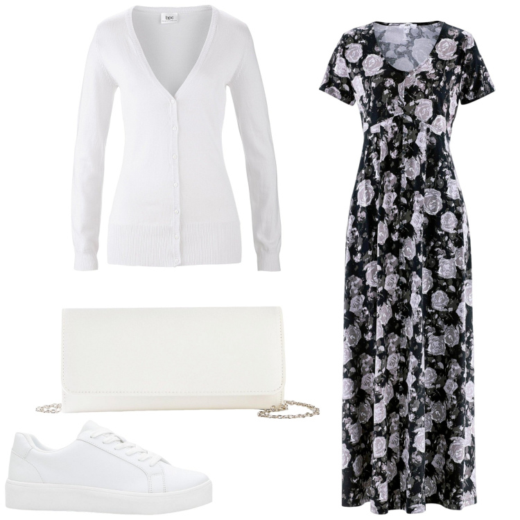 Outfit donna - Serata sporty chic. Stile Sporty chic per Serata fuori. Abbinamento con vestiti lunghi, pochette, cardigans, sneakers.