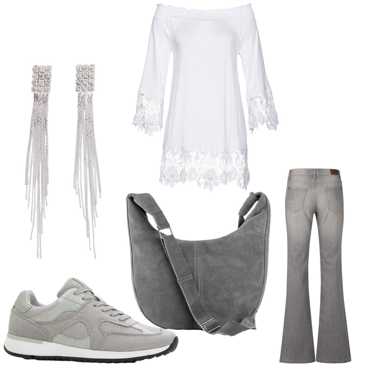 Outfit donna - Jeans e merletti. Stile Sporty chic per Tutti i giorni. Abbinamento con tuniche, sneakers, orecchini, borse a mano, jeans bootcut.