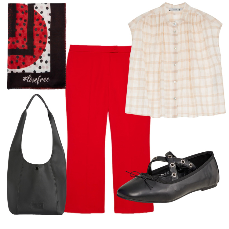 Outfit donna - In centro. Stile Bon Ton per Tutti i giorni. Abbinamento con ballerine, camicie, borse a spalla, pantaloni, foulard.