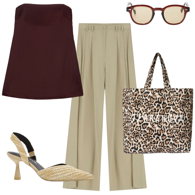 Outfit donna - Un giorno in estate. Stile Casual chic per Tutti i giorni. Abbinamento con décolleté, borse tote, pantaloni a palazzo, occhiali da sole, top.