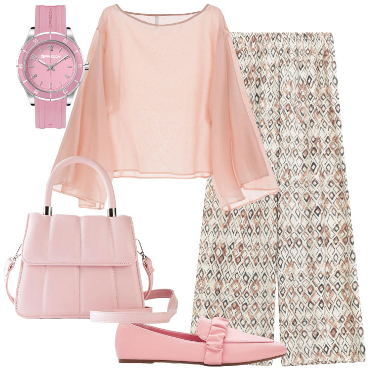 Outfit donna - Che n finezza. Stile Casual chic per Tutti i giorni. Abbinamento con mocassini, borse a tracolla, bluse, pantaloni a palazzo, orologi.