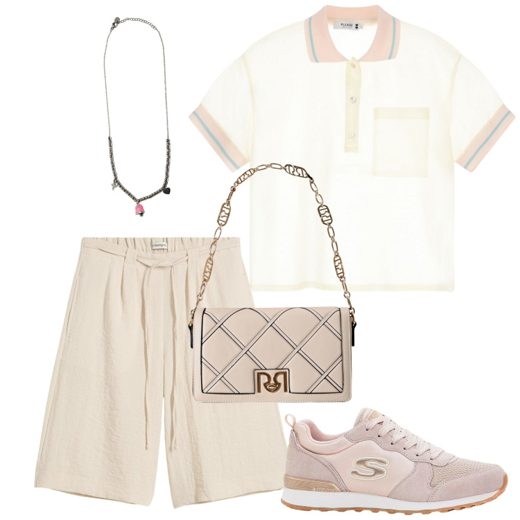 Outfit donna - Anche un po\' sportiva. Stile Sporty chic per Tutti i giorni. Abbinamento con sneakers, bermuda, borse a tracolla, polo, ciondoli.