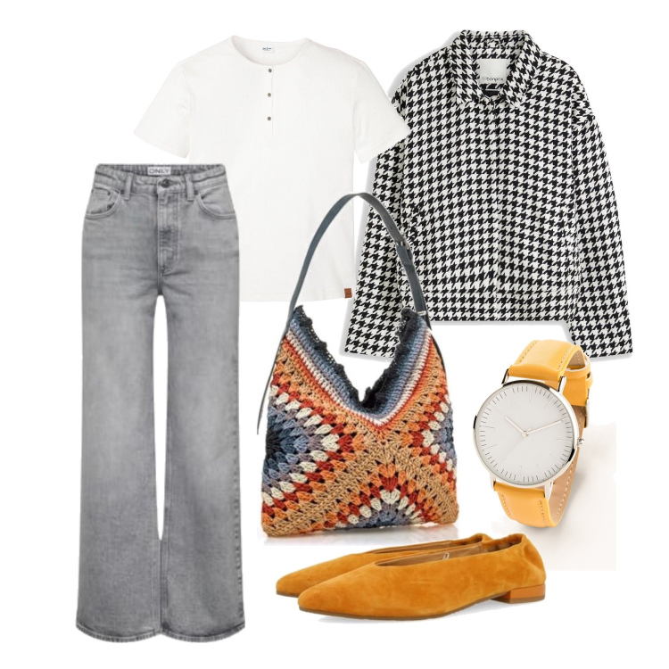 Outfit femme - Août. Style Casual pour Tous les jours. Assortir avec montres, blazers, t-shirts, sacs à main, ballerines, jeans.