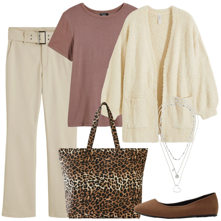 Outfit donna - I must have autunnali. Stile Casual chic per Tutti i giorni. Abbinamento con pantaloni, t-shirt, shopping bag, collane, cardigans, ballerine.