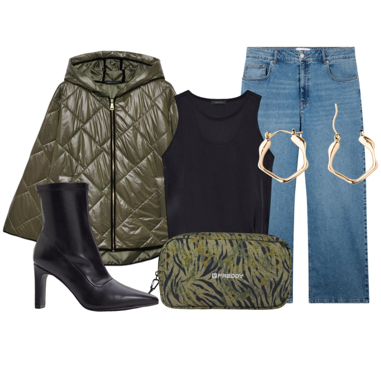 Outfit donna - Rainy day. Stile Casual chic per Tutti i giorni. Abbinamento con stivaletti, orecchini, jeans, valigie, top, piumini.