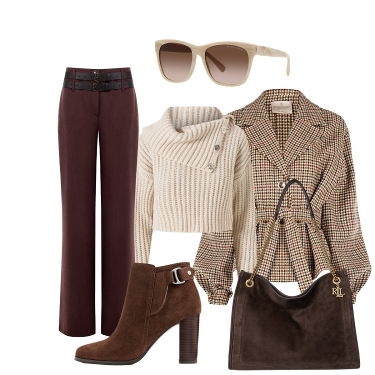 Outfit donna - Total look #2236971. Stile Trendy per Tutti i giorni. Abbinamento con caban, maglieria, pantaloni, stivaletti, borse tote, occhiali da sole.