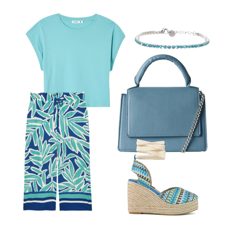 Outfit donna - Polvere di Turchese. Stile Casual chic per Serata fuori. look ideale per Tall. Abbinamento con t-shirt, borse a tracolla, braccialetti, zeppe, pantaloni a palazzo.