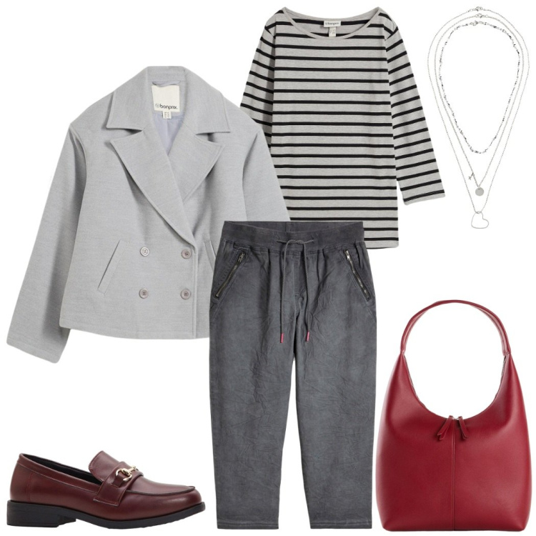 Outfit donna - Mocassini. Stile Casual chic per Tutti i giorni. Abbinamento con caban, pantaloni capri, shopping bag, mocassini, collane, maglieria.